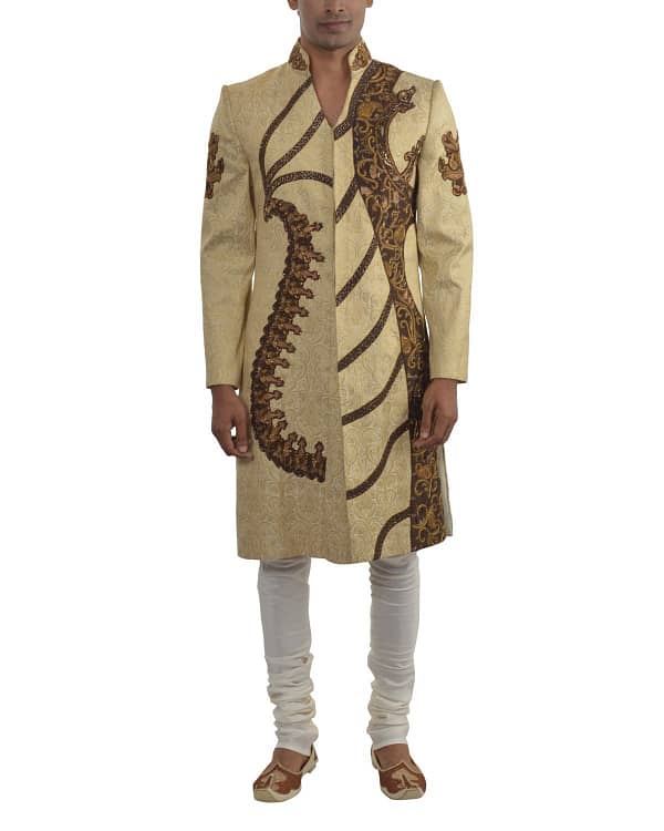V-Neck Designer Embroidered Sherwani - Image 2